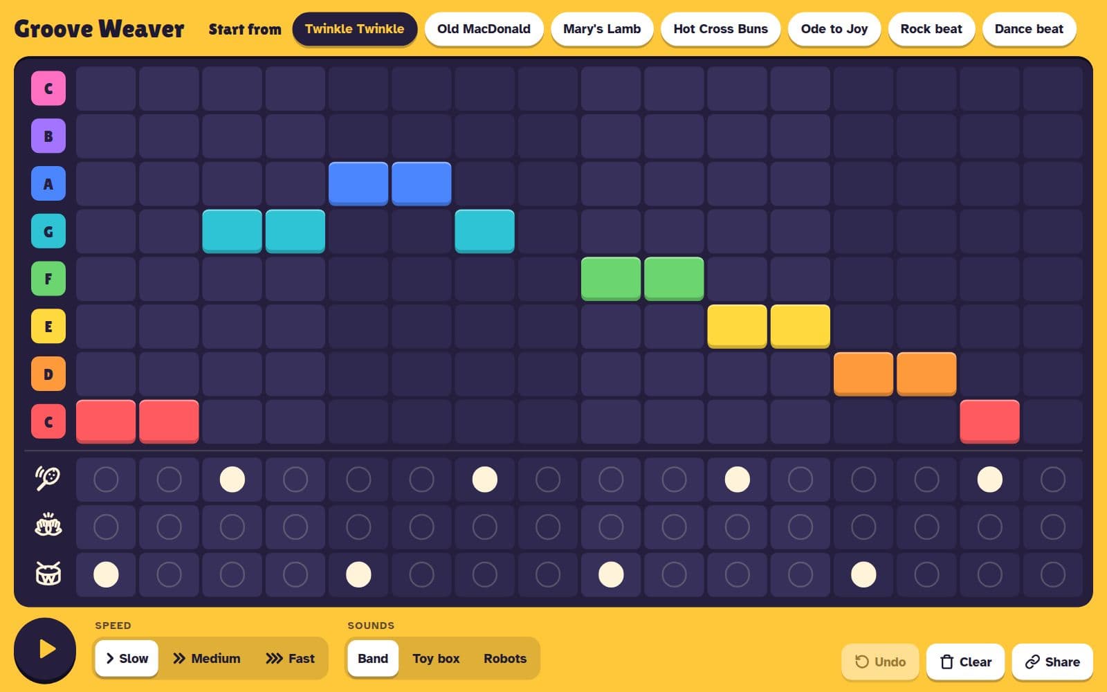 Groove Weaver with Twinkle Twinkle on the grid: rainbow note squares above three drum rows marked with a shaker, clapping hands and a drum, with a big play button below